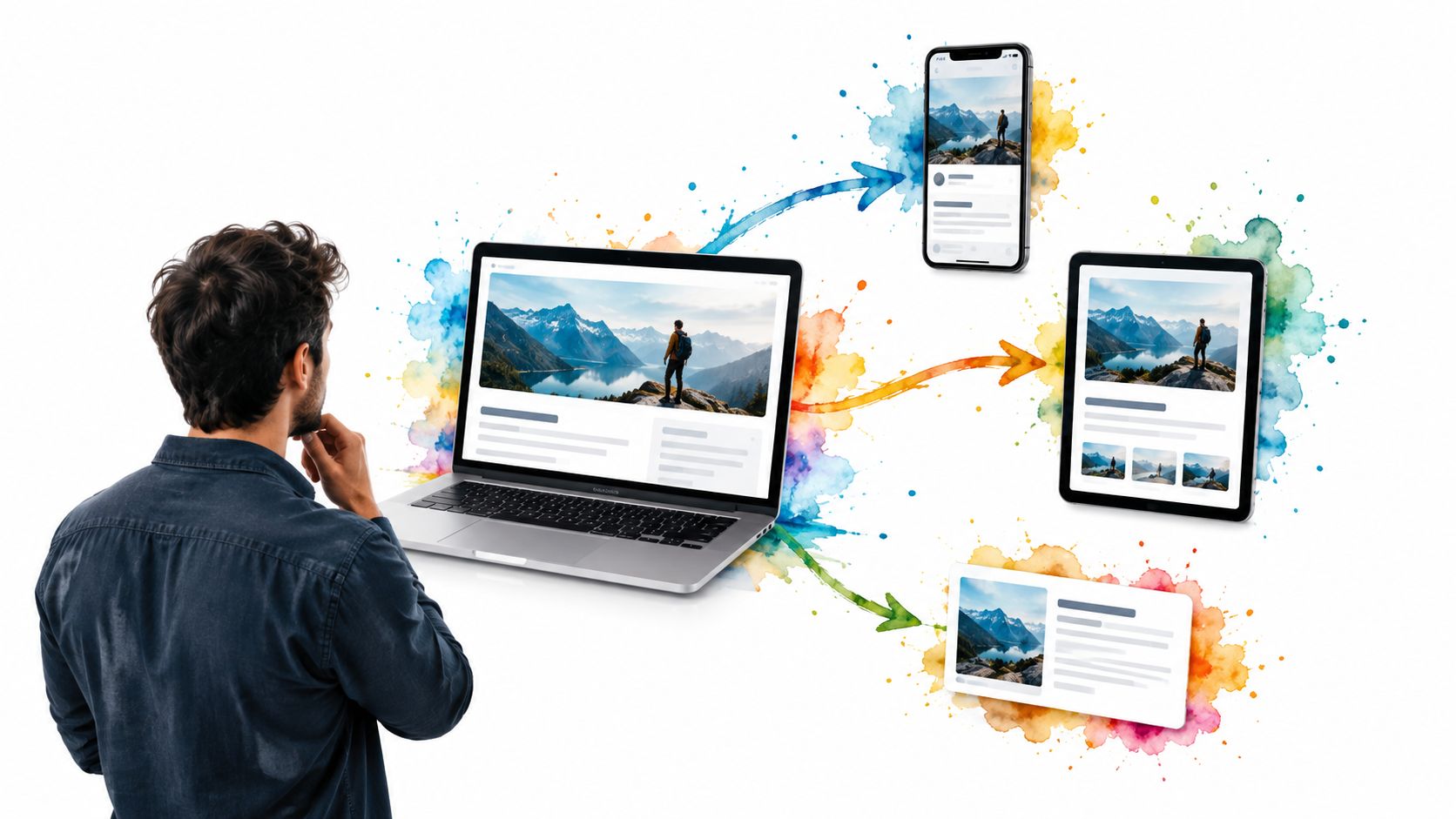 A man observing a laptop displaying a travel photo linked to various social media devices with watercolor graphics.