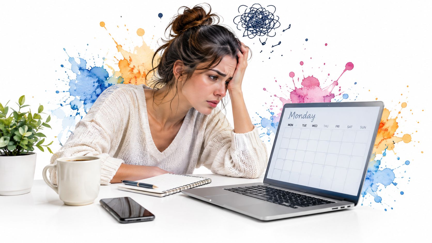 A stressed woman staring at a laptop calendar at her desk, feeling overwhelmed by her work schedule.