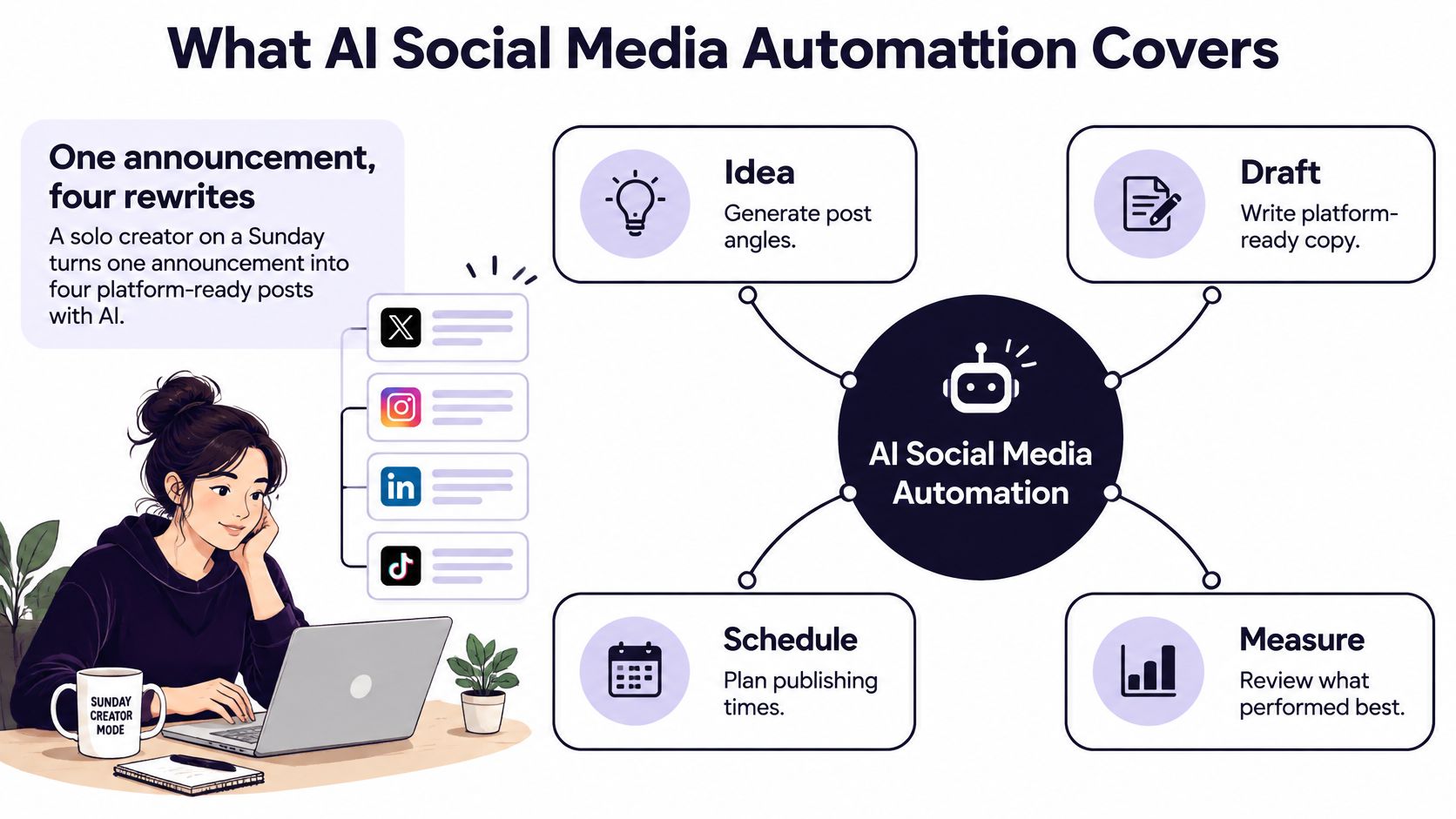 An infographic illustrating how AI social media automation helps content creators plan, draft, schedule, and measure posts.