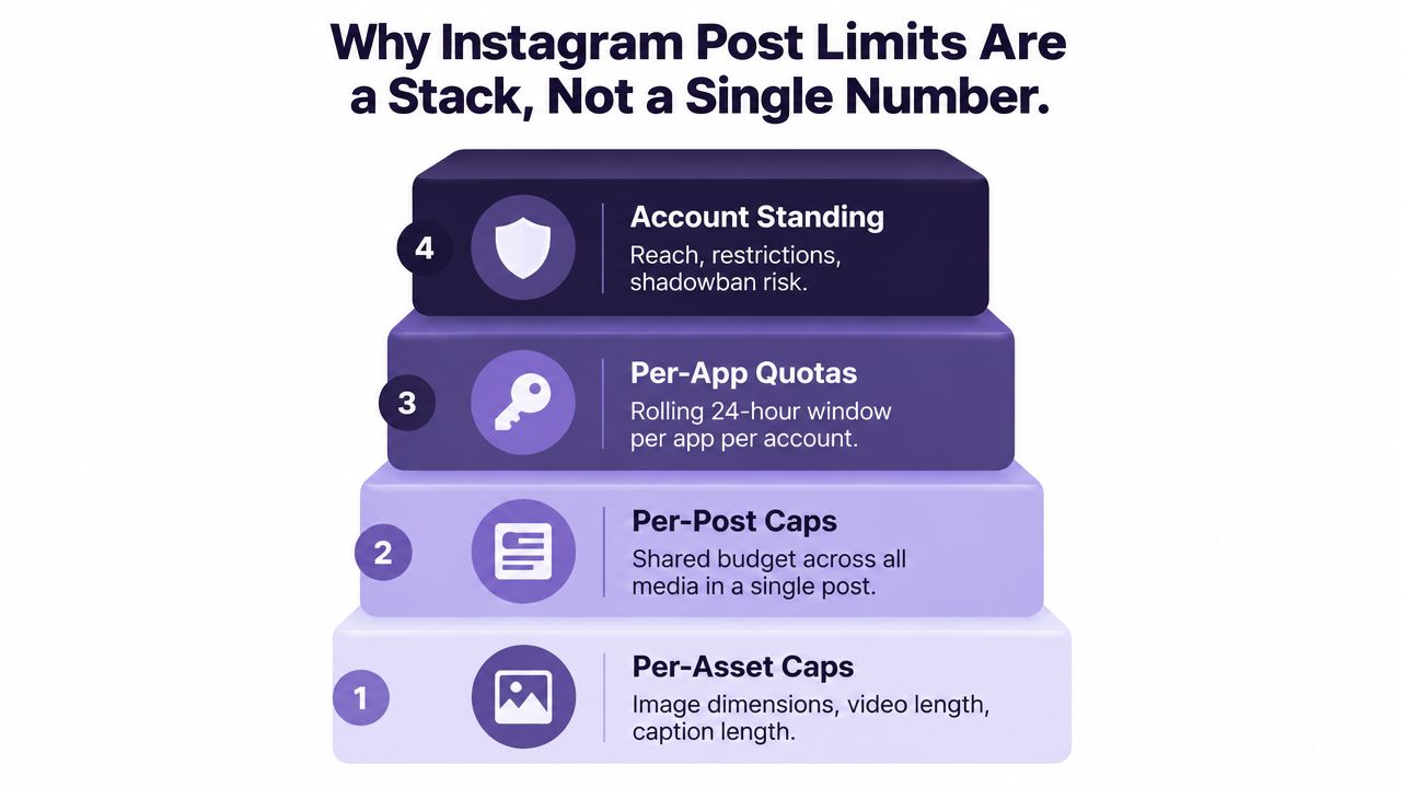 A four-layer infographic explaining the tiered limits of Instagram posts, from asset specs to account standing.