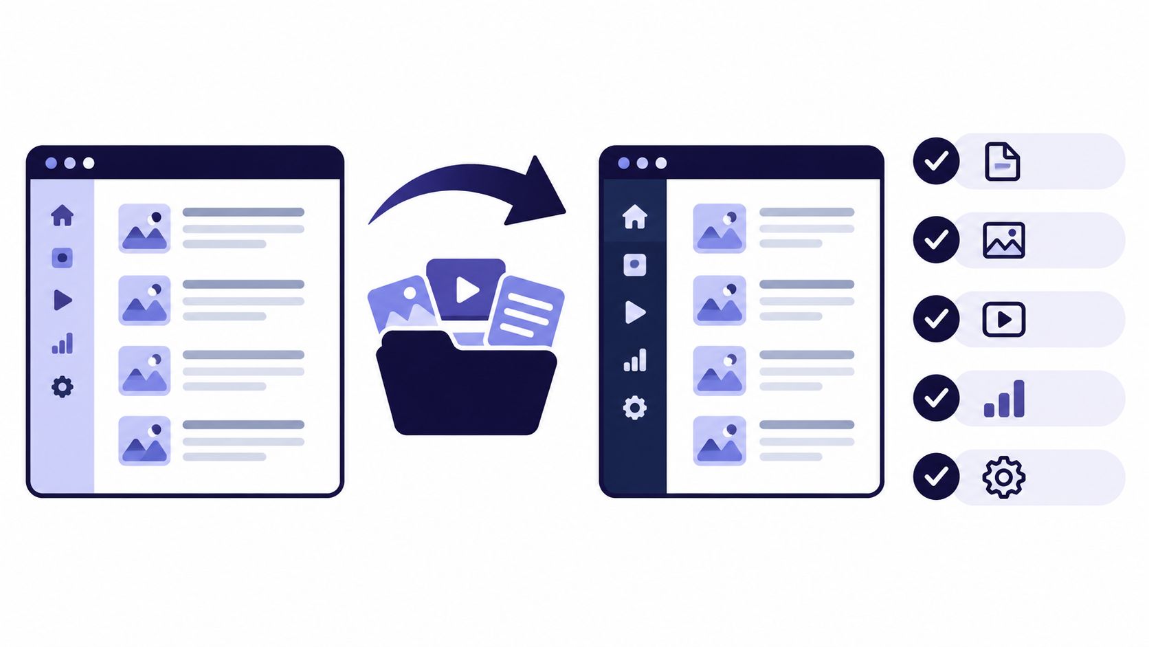 A conceptual illustration comparing two dashboard interfaces with a folder icon representing file management and selection.