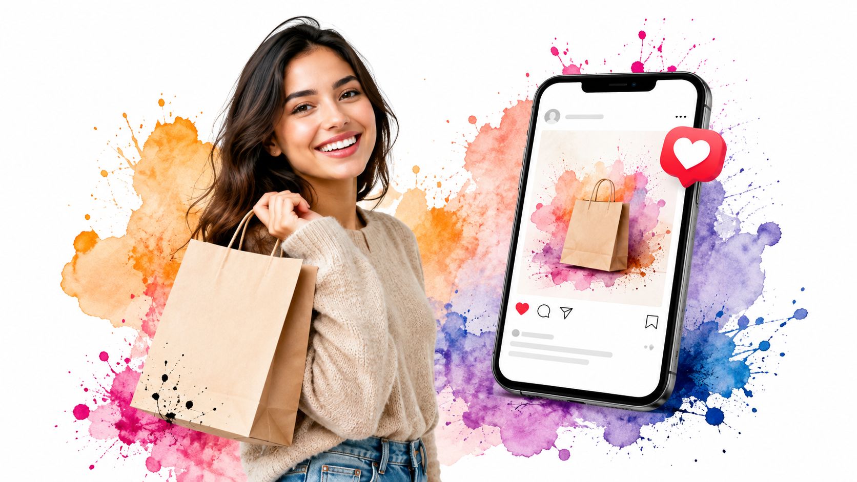 A smiling young woman holding a shopping bag next to a large smartphone displaying a social media post.