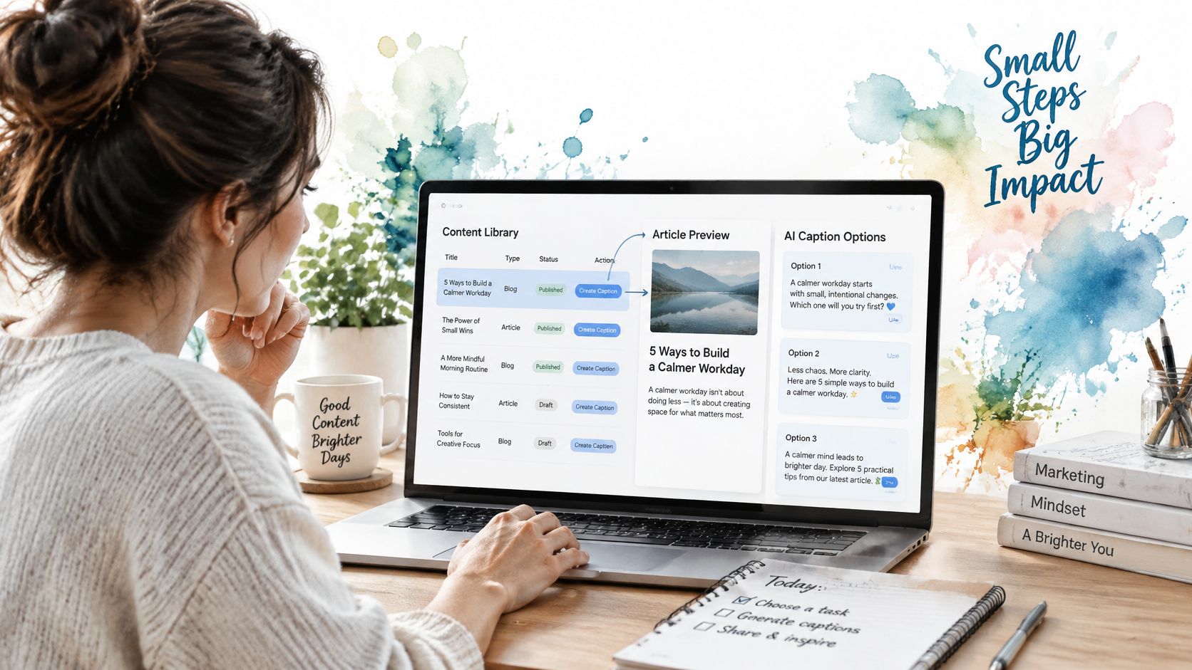 A woman working on a laptop displaying a content management dashboard with AI caption generation tools.