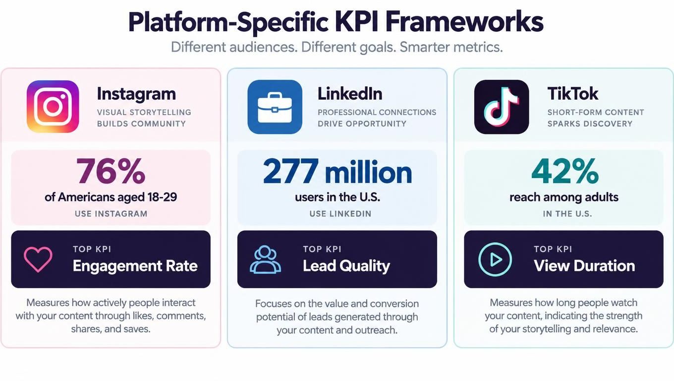 An infographic titled Platform-Specific KPI Frameworks comparing key metrics for Instagram, LinkedIn, and TikTok social media platforms.