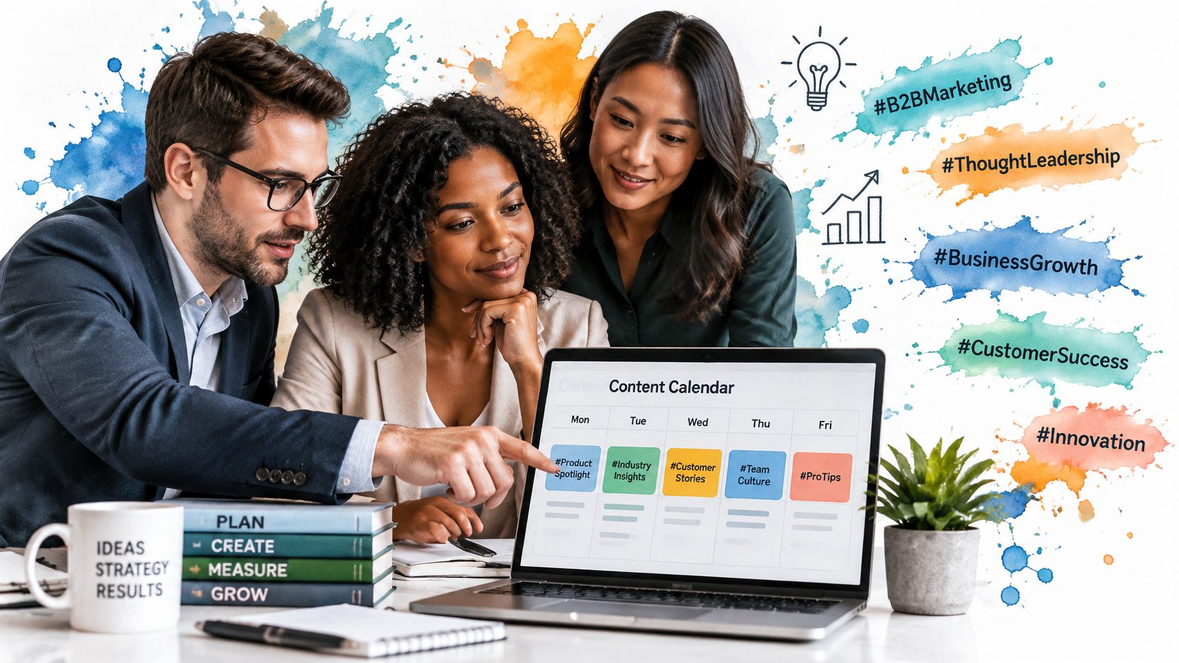 A professional team collaborating on a business content calendar strategy displayed on a laptop screen.
