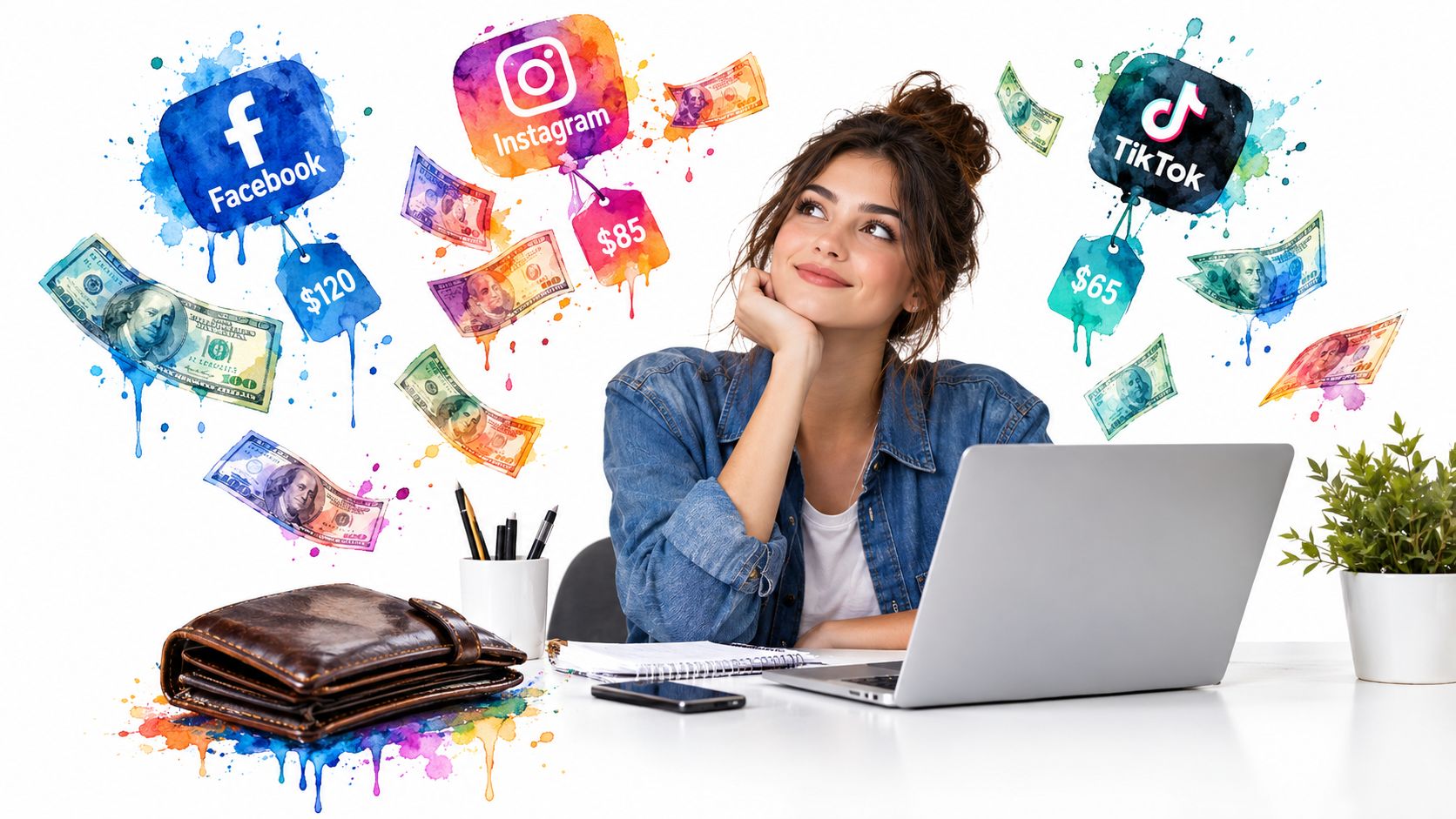 A woman thinking while working on a laptop, surrounded by social media icons and floating dollar bills.