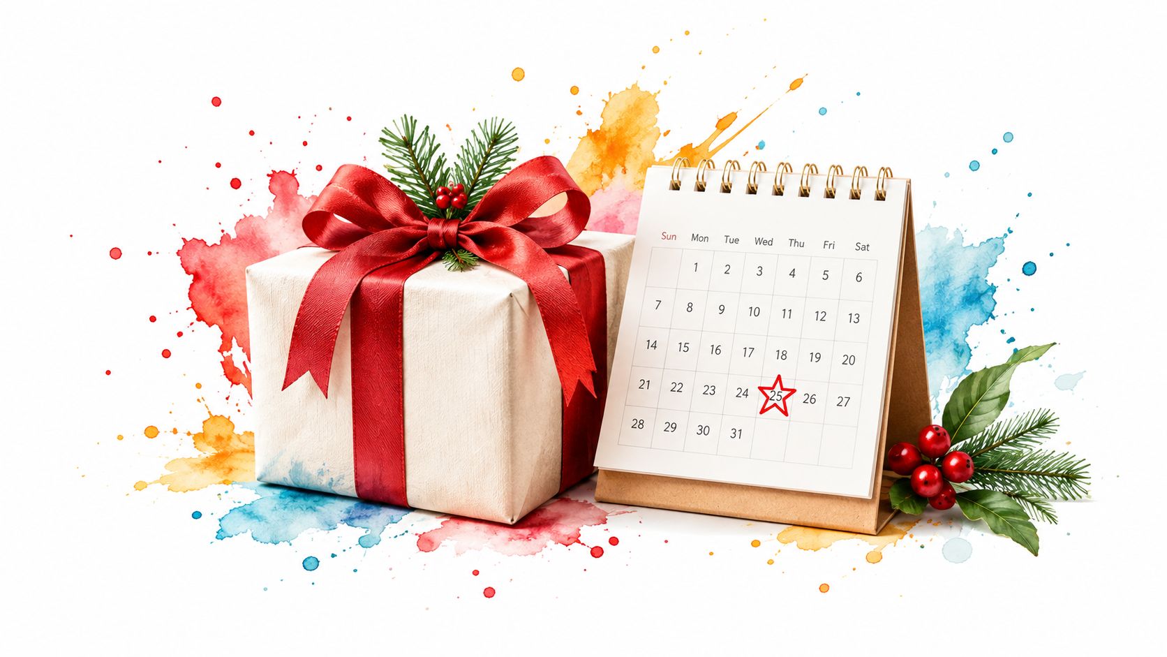 A wrapped Christmas gift with a red ribbon beside a desk calendar marked on the twenty-fifth.