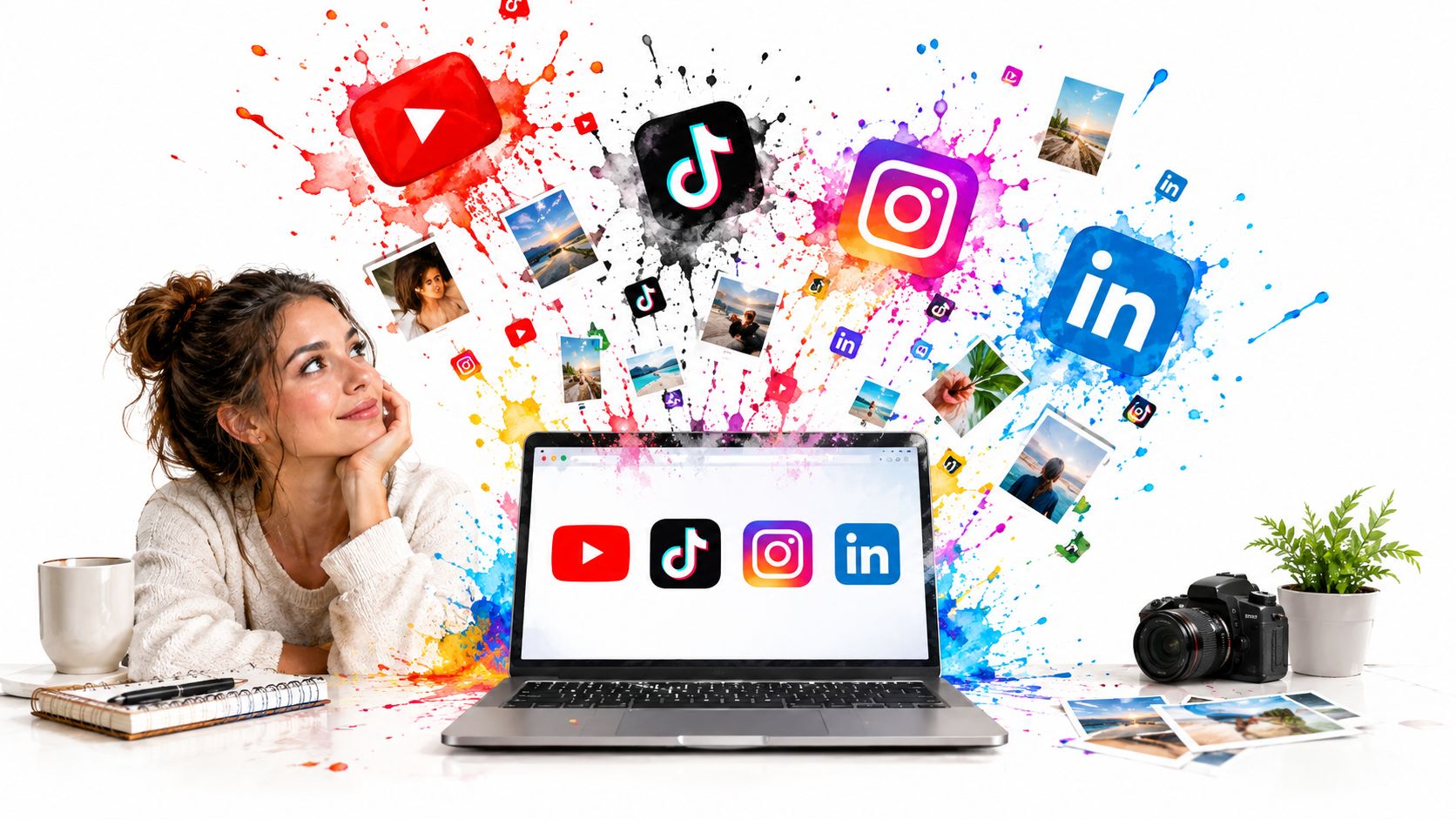 A woman looks at a laptop surrounded by social media icons and images, illustrating digital cross-posting content.