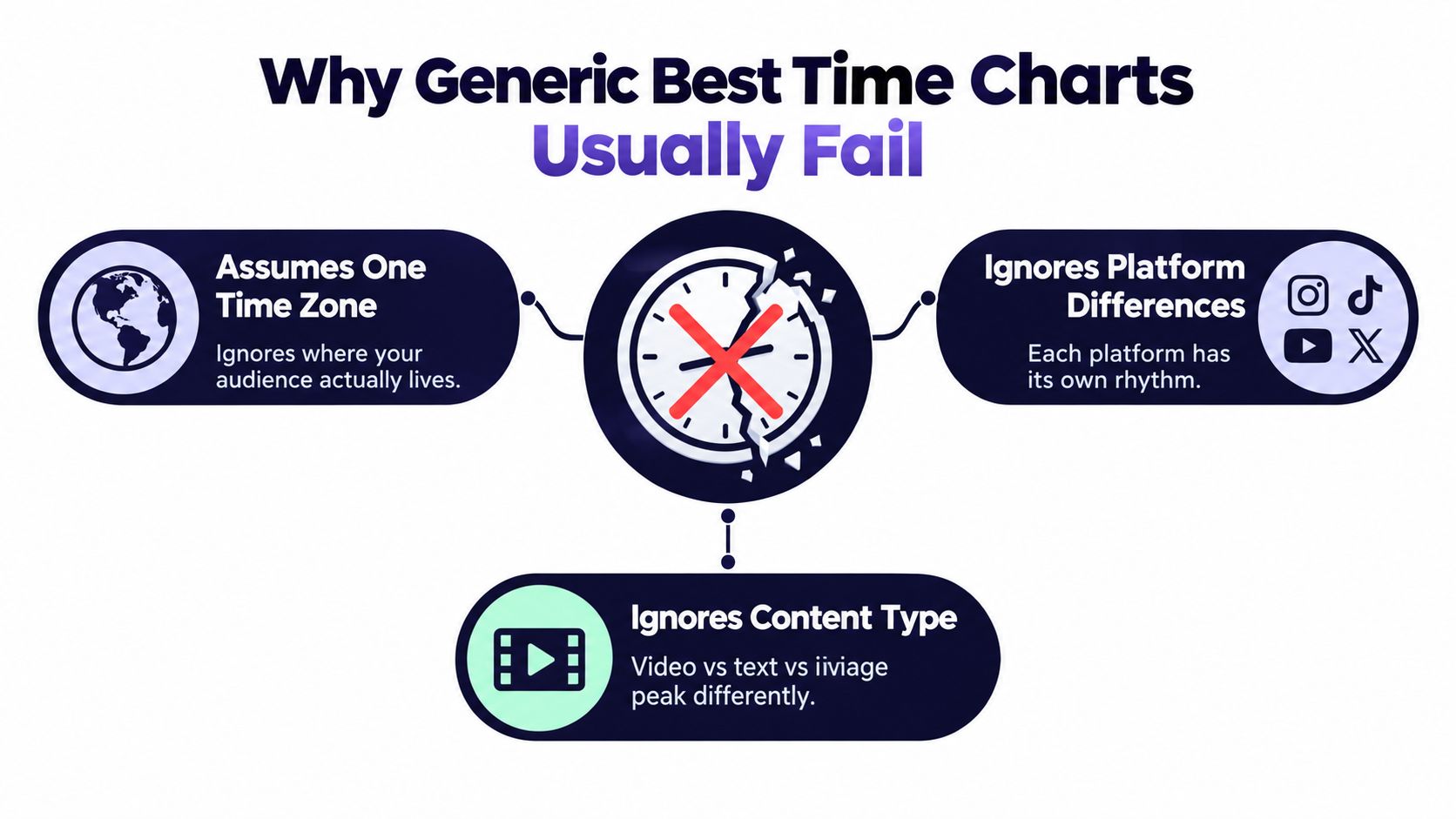 An infographic explaining why generic charts for the best time to post content often fail.