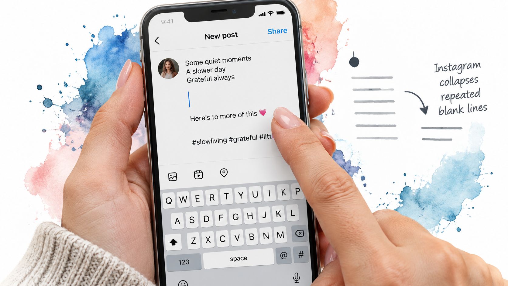 A close-up of a person typing an Instagram post on a smartphone to illustrate formatting line breaks.