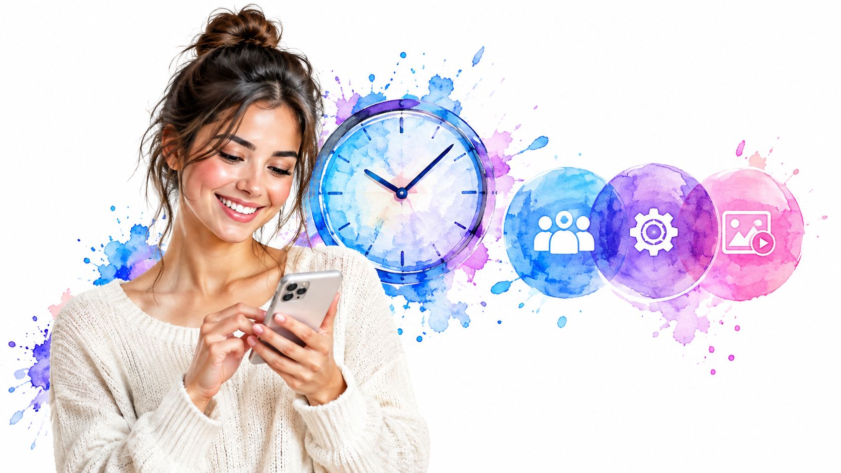A smiling woman using a smartphone with artistic watercolor icons representing time, social, settings, and media content.