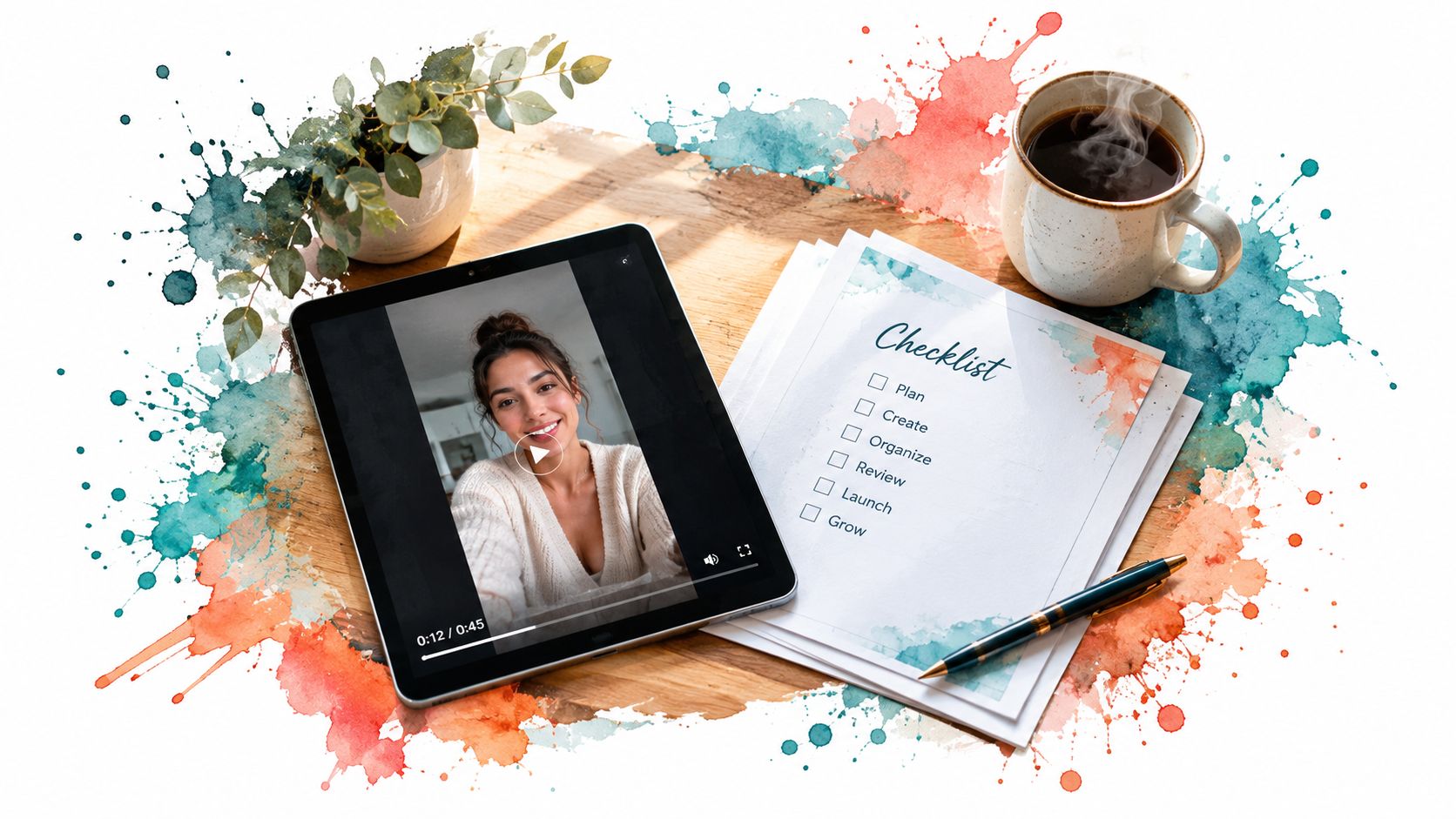 A digital tablet showing a video call next to a checklist and a steaming cup of coffee.