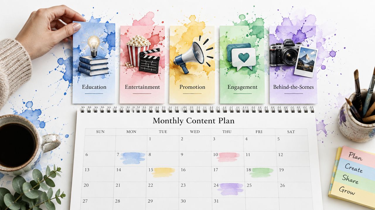 A hand placing a content category card above a monthly calendar for social media planning on a desk.
