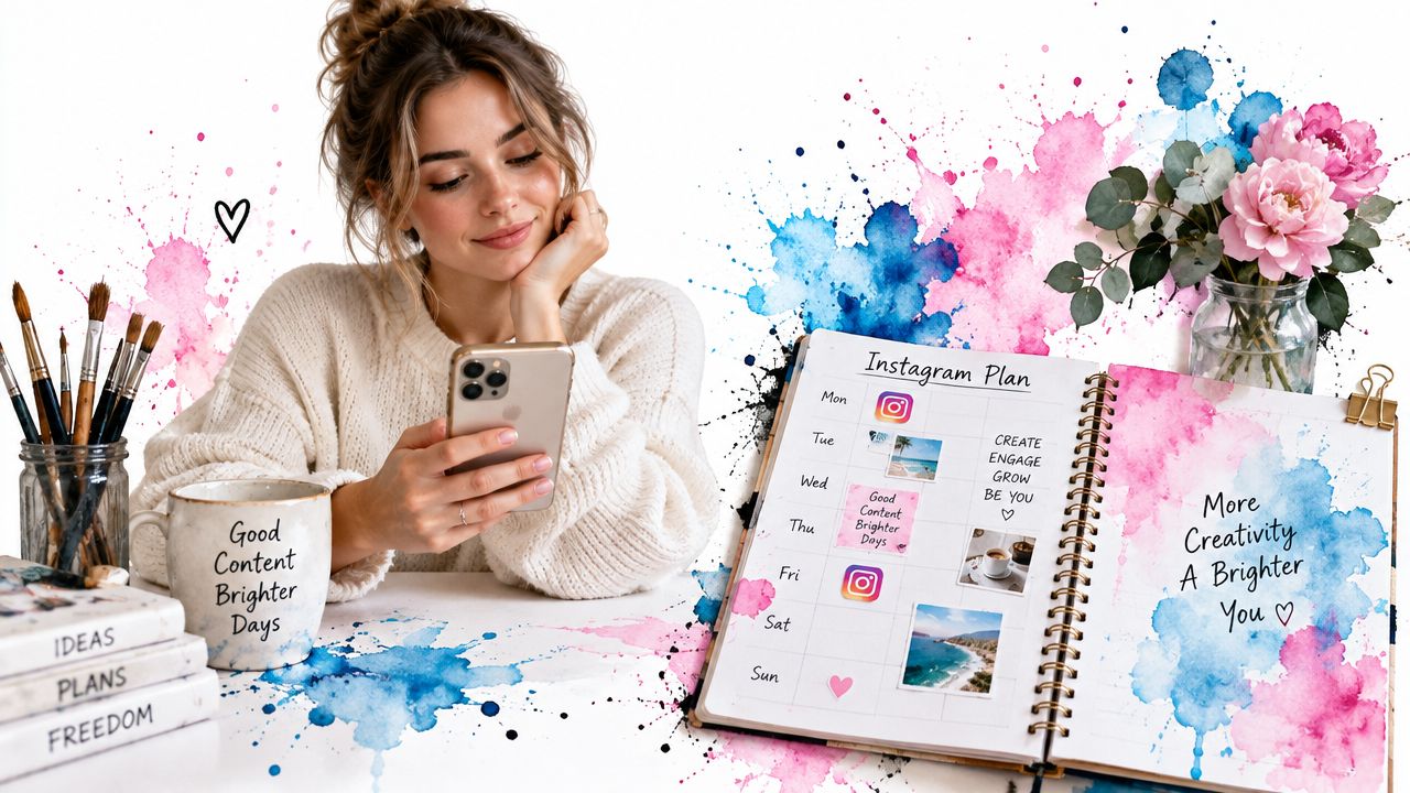 A woman using her smartphone next to an Instagram content calendar planner, paintbrushes, and flowers.