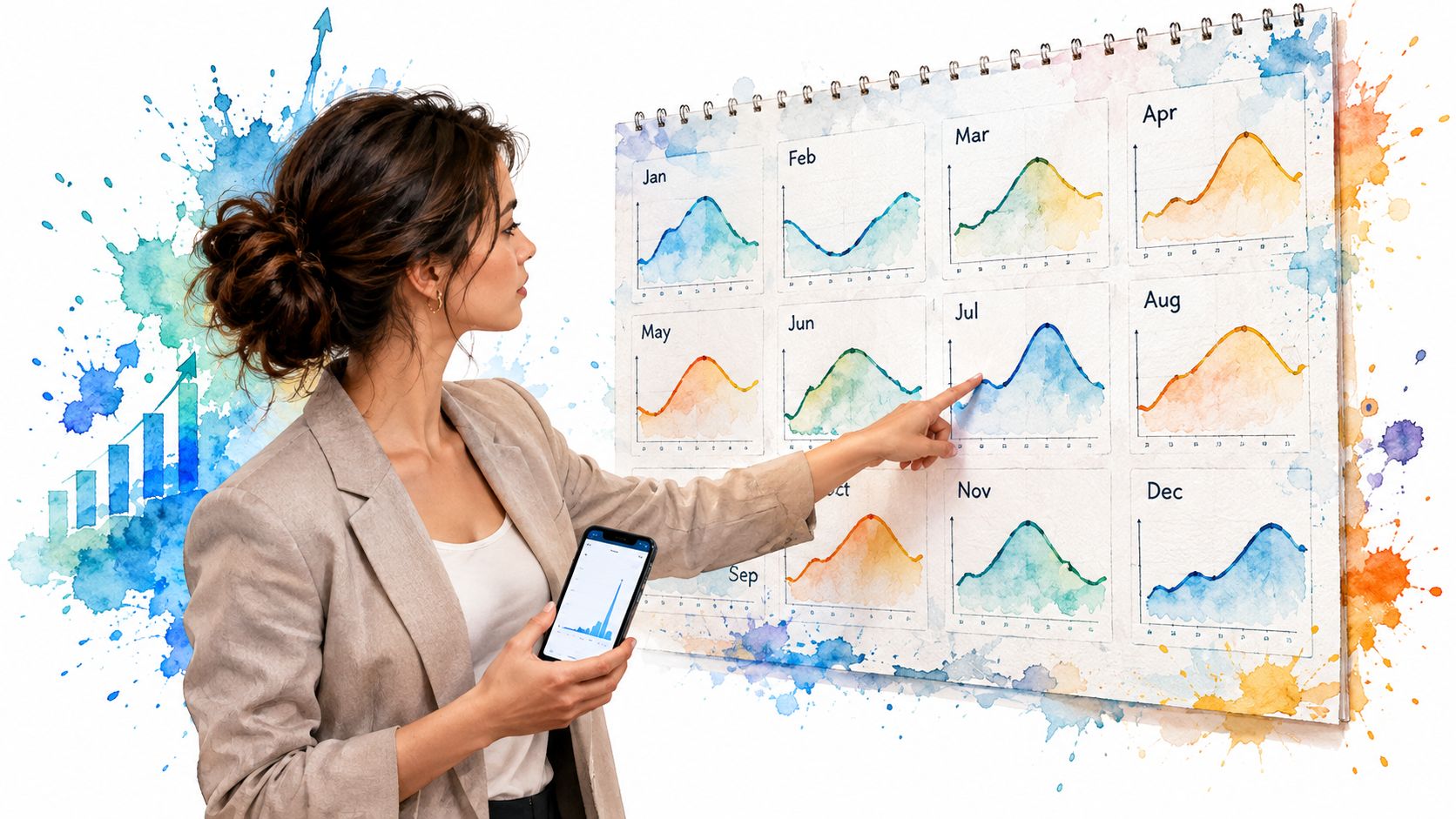 A professional woman in a blazer analyzes business data trends on a watercolor wall calendar and phone.
