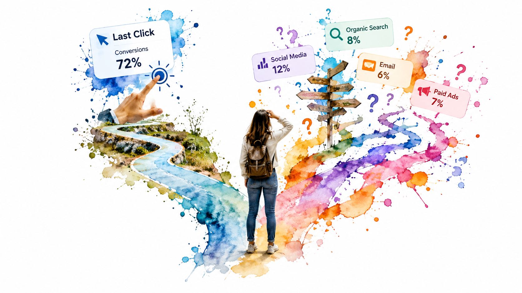A person standing at a crossroads comparing last click conversion models versus multi-channel attribution analytics data.