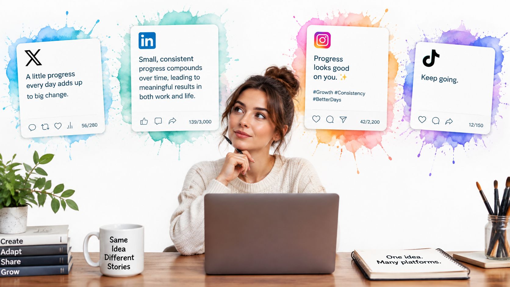 A woman thinking at her desk with social media post ideas floating in colorful watercolor clouds above.