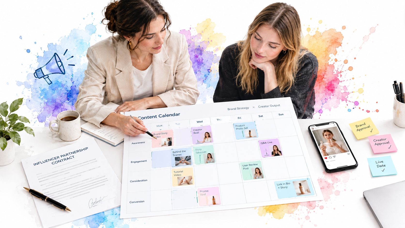 Two women collaborating on a social media content calendar project at a desk with various planning materials.