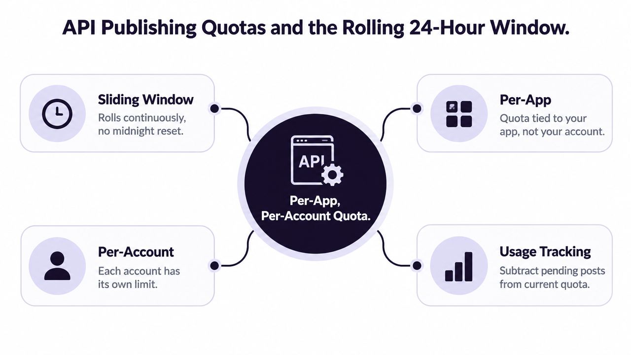 A diagram illustrating how API publishing quotas operate based on a rolling 24-hour window system.