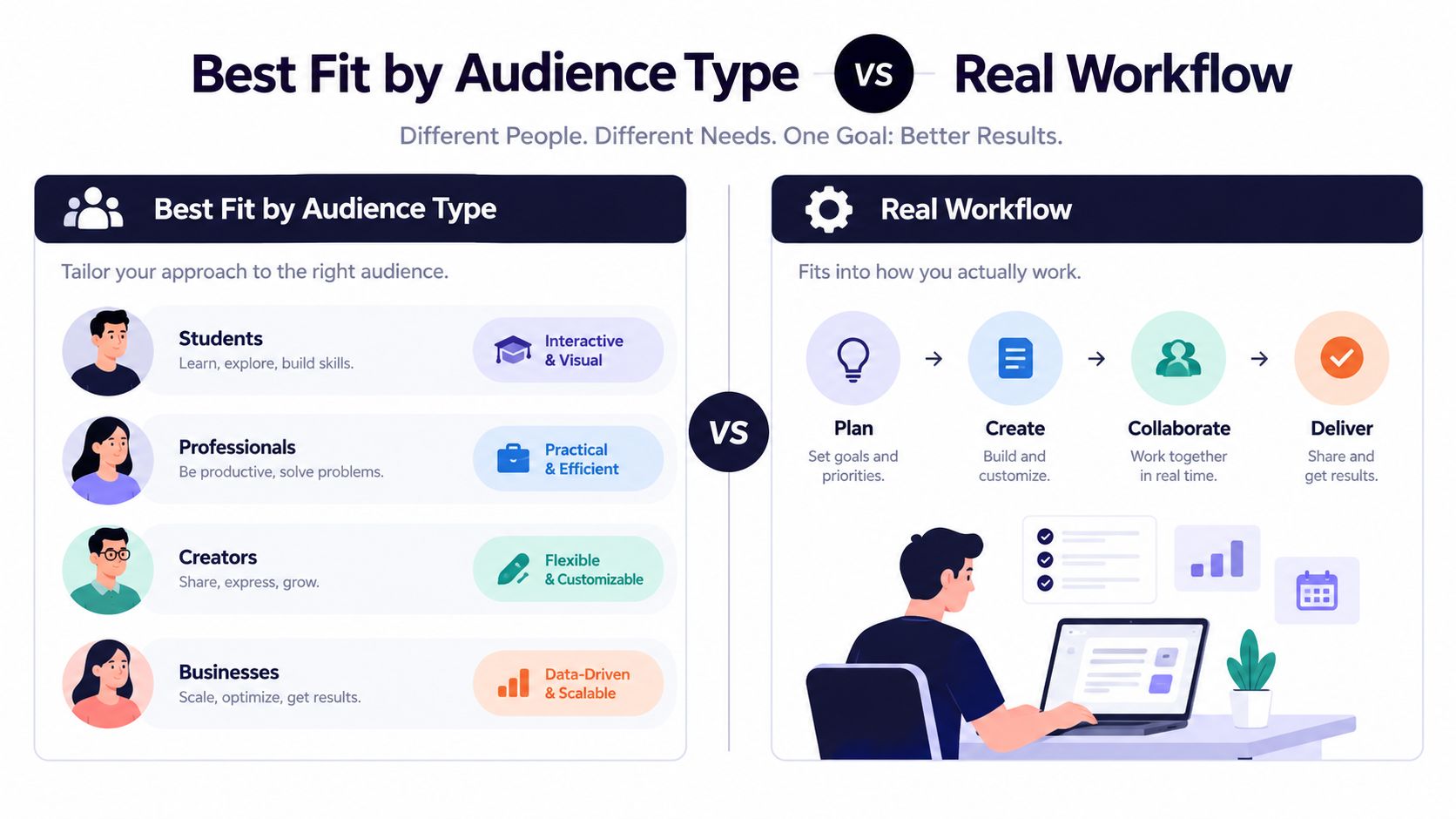 A comparison chart showing audience types like students and professionals versus a real workflow process.