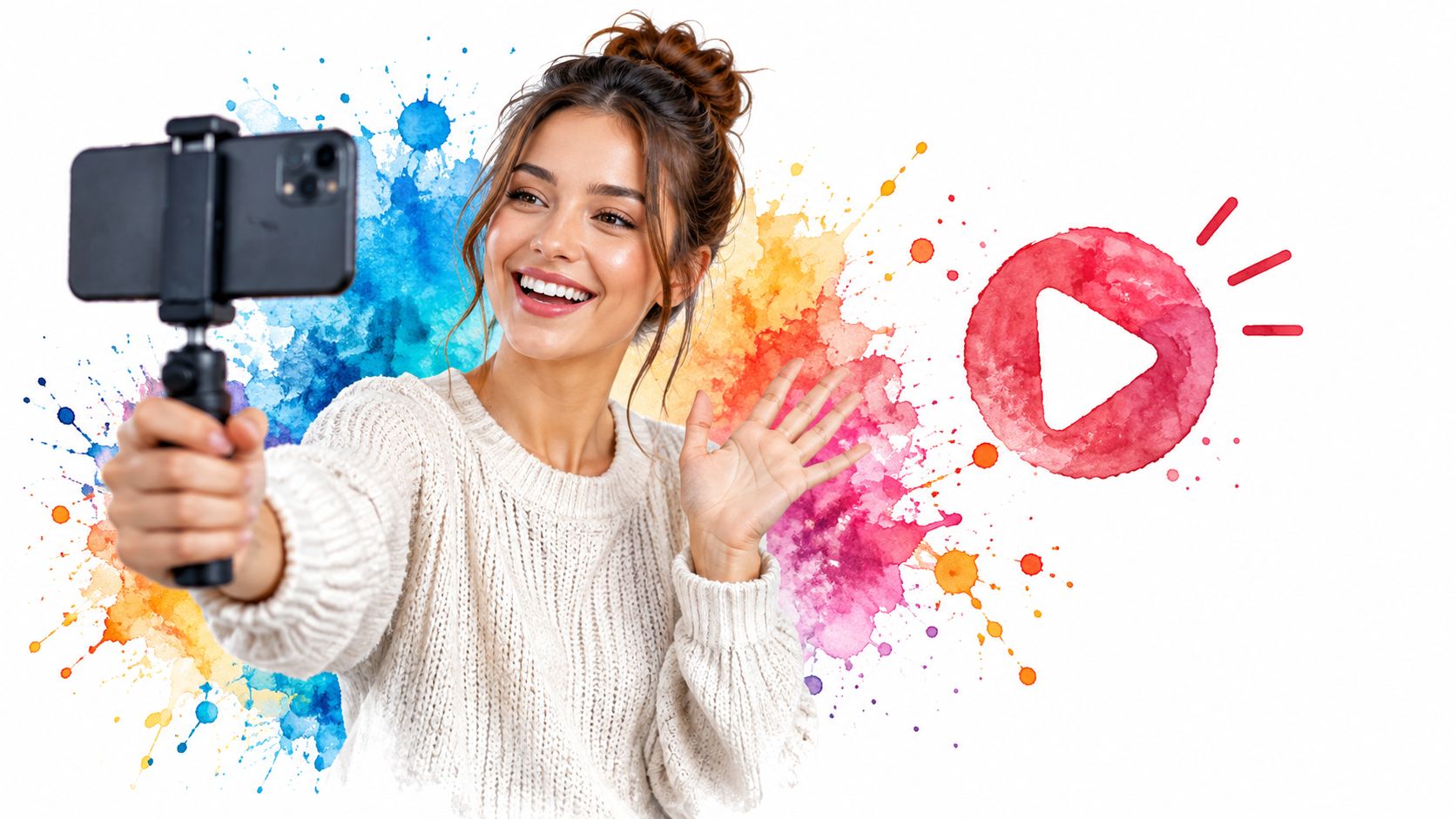 A smiling young woman recording a video with her smartphone while standing against a colorful paint splash background.