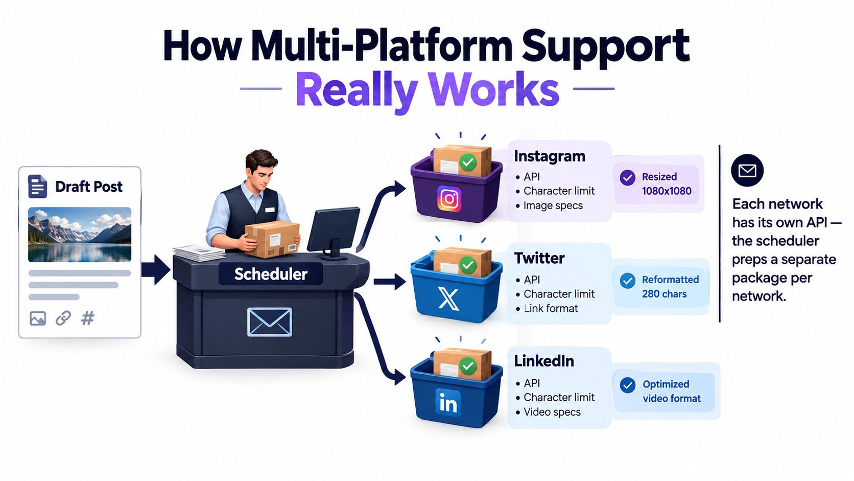 An infographic illustrating how a social media scheduler prepares customized posts for different platforms like Instagram, Twitter, and LinkedIn.