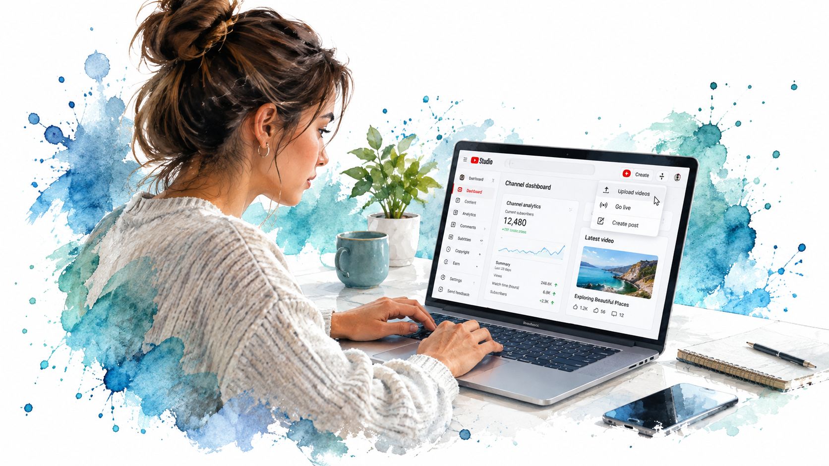 A woman working on her YouTube Studio channel dashboard on a laptop with watercolor background effects.