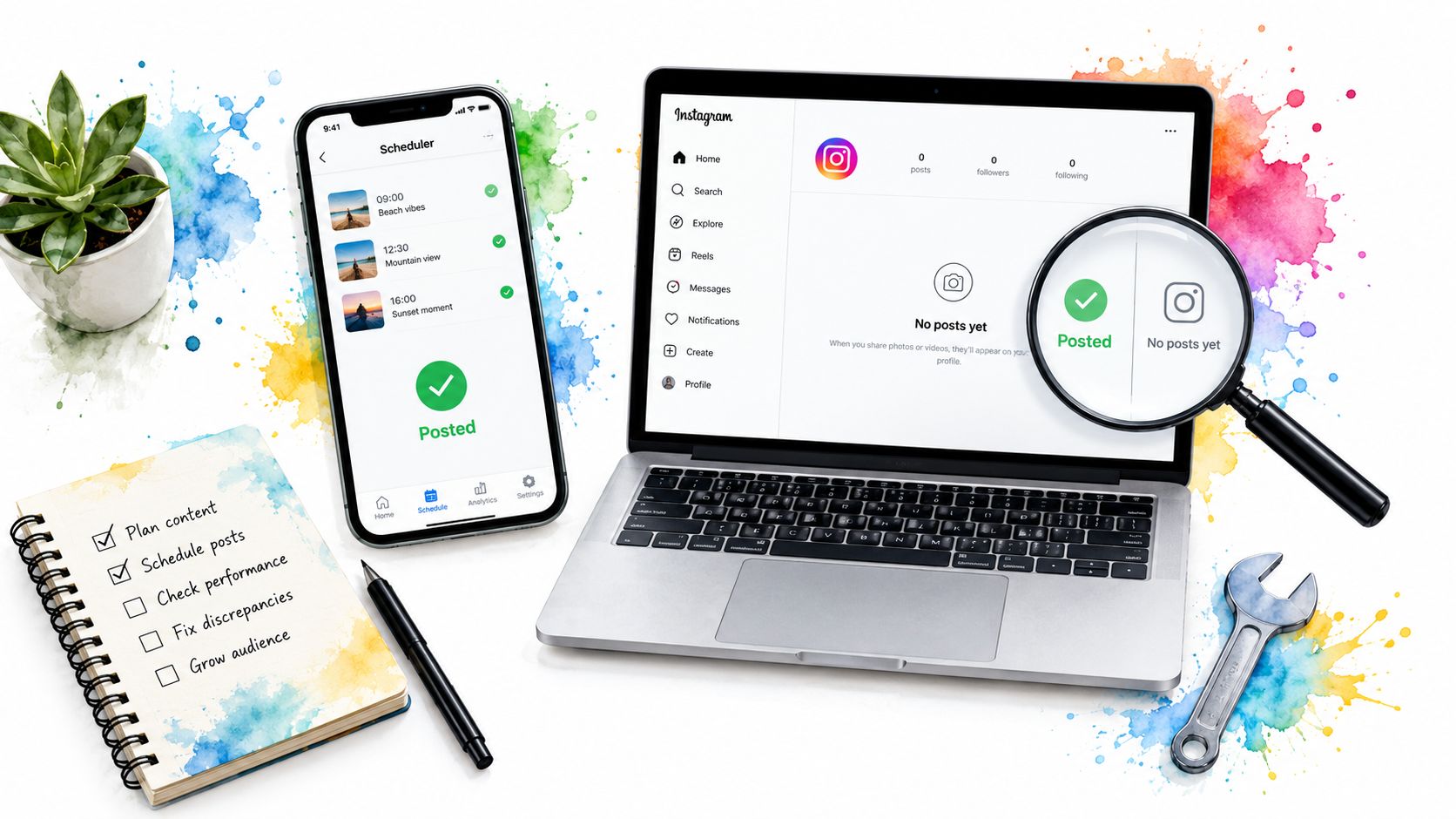 A smartphone and laptop display a social media scheduler alongside a checklist, magnifying glass, and tools.