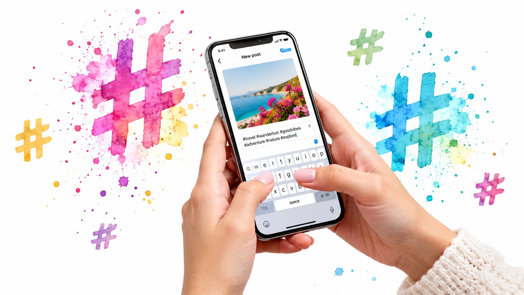 A person using a smartphone to type hashtags on a social media post with a beach image.