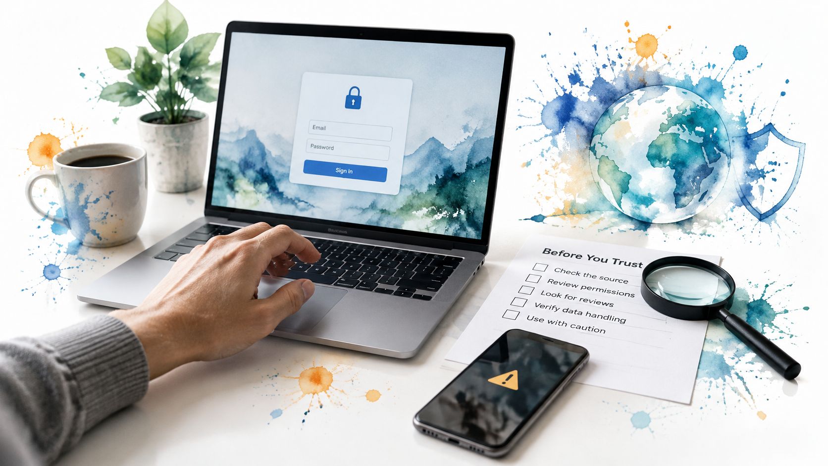 A person using a laptop with a secure login screen next to a trust checklist and smartphone.