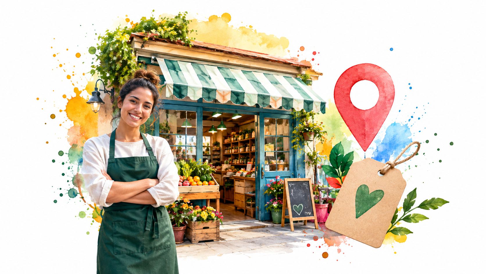 A smiling shopkeeper standing in front of her small grocery shop with a heart location marker.