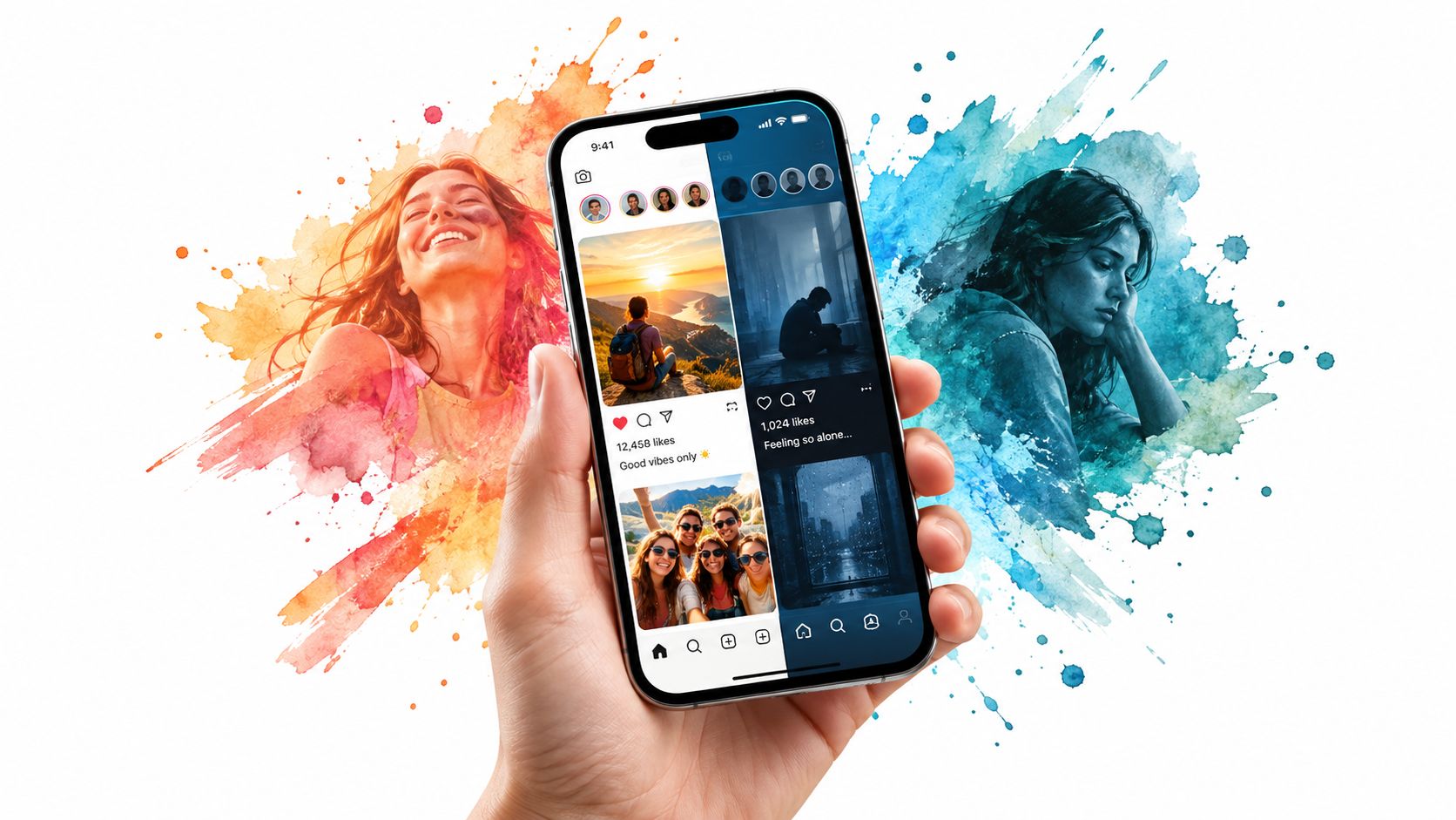 A hand holding a smartphone showing a split-screen Instagram feed contrasting happy and sad social media posts.