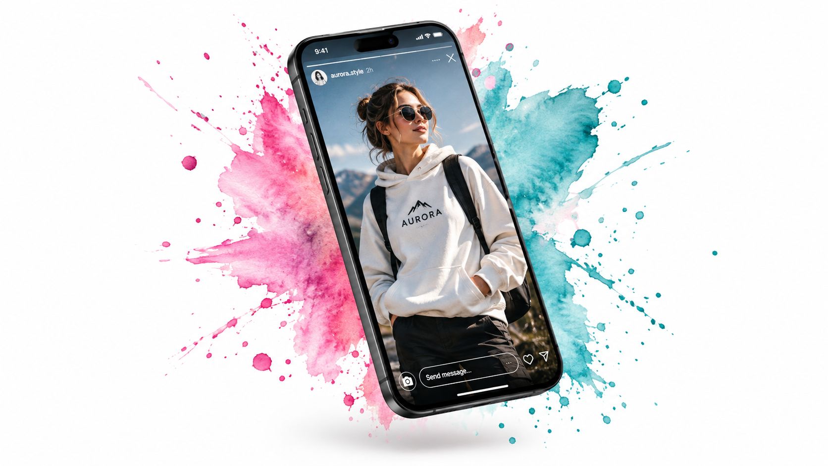 A smartphone screen displaying a stylish Instagram story featuring a woman wearing an Aurora branded hoodie