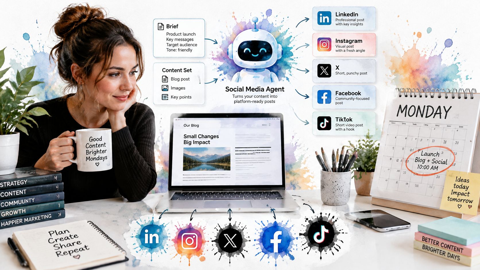 A woman working at a desk with a laptop illustrating the concept of a social media agent.