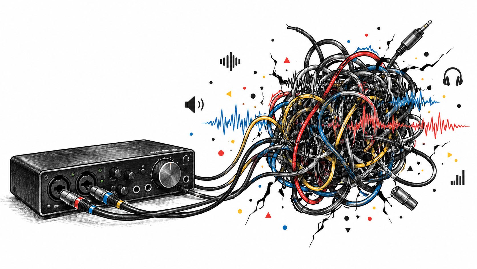 A black audio interface connected to a chaotic, colorful tangled ball of studio cables and waveforms.
