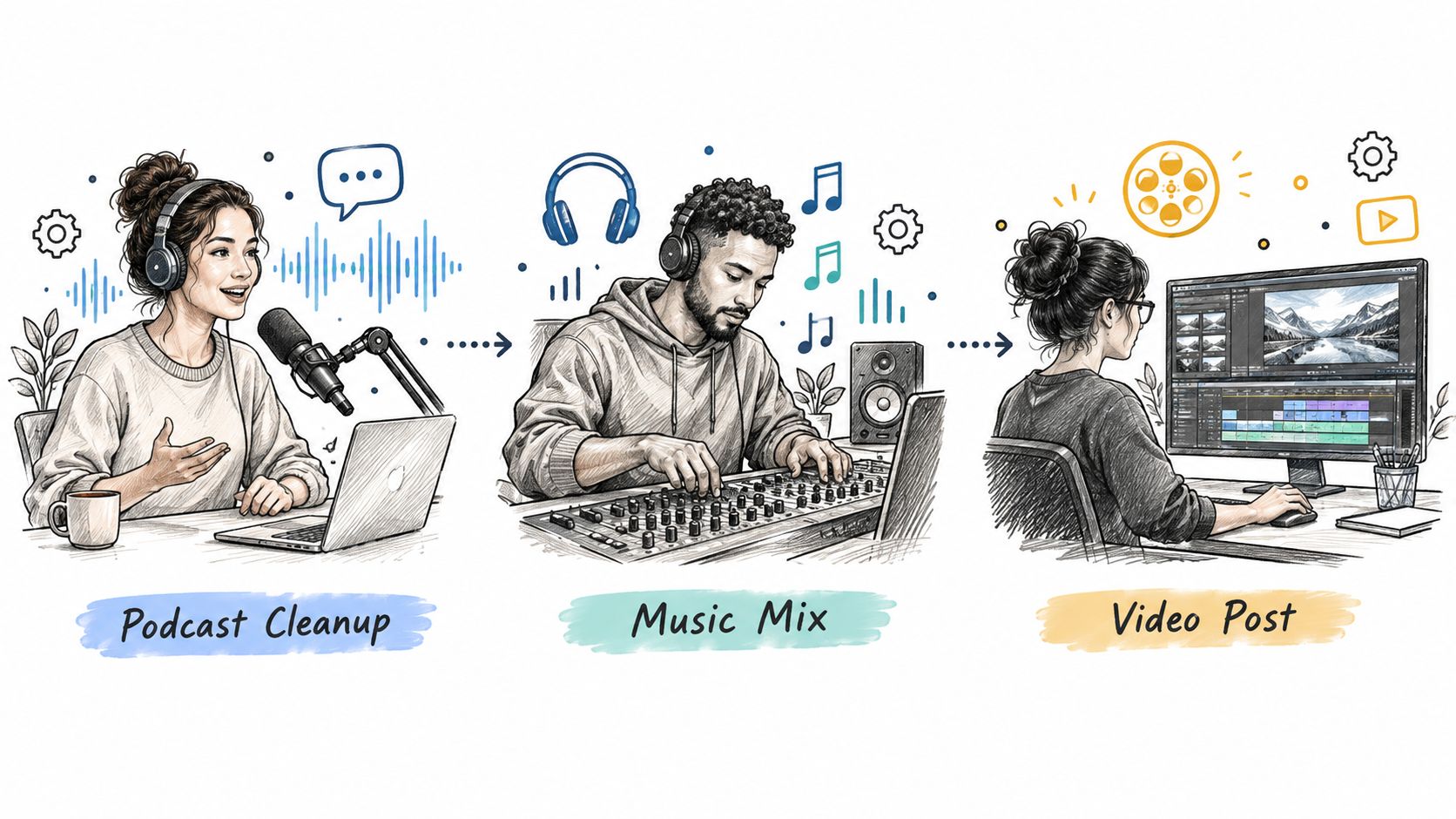 A three-step illustration showing podcast audio cleanup, music mixing, and video post-production editing processes.