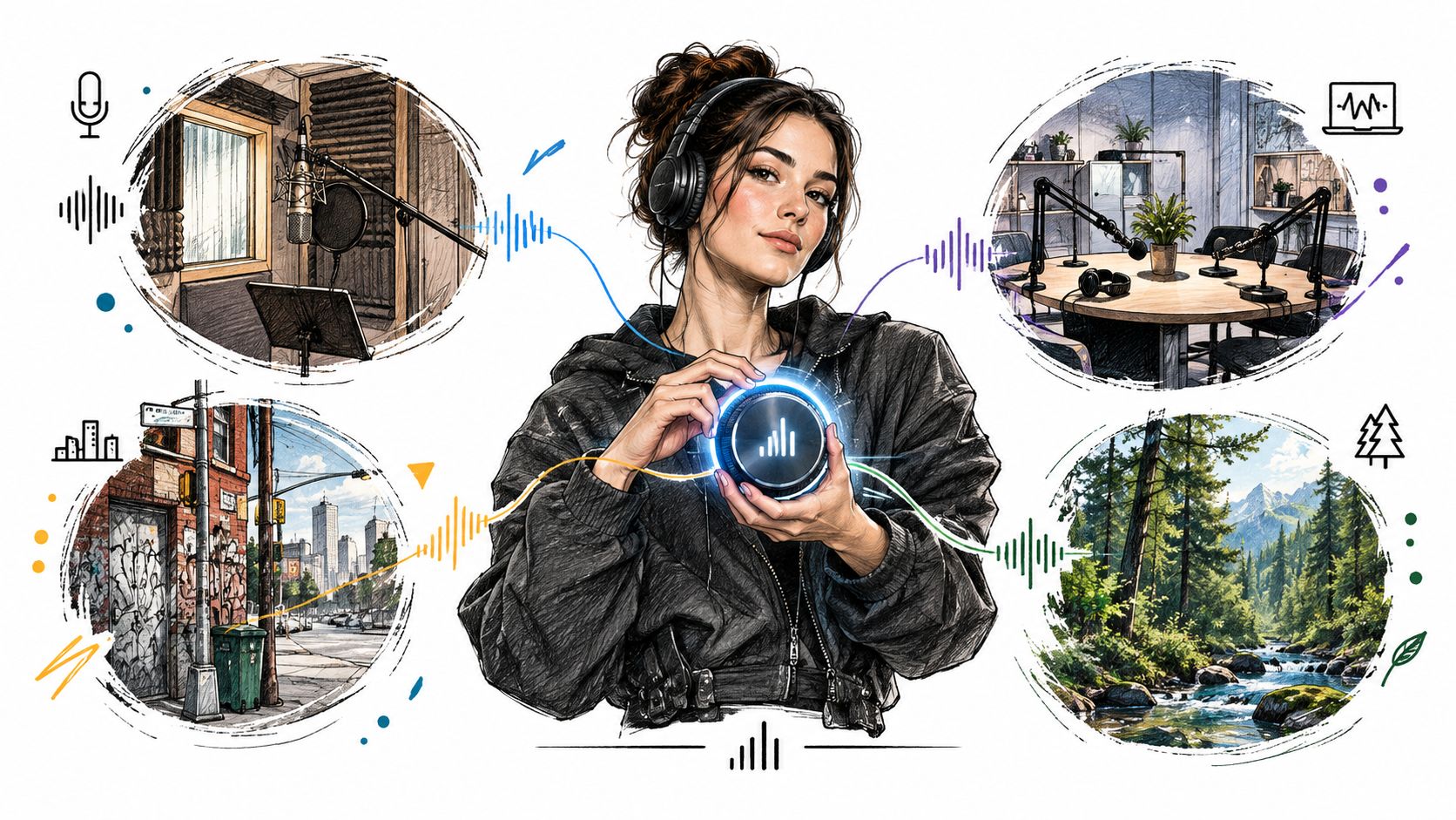 A creative illustration of a woman wearing headphones surrounded by circular vignettes representing different sound recording environments.