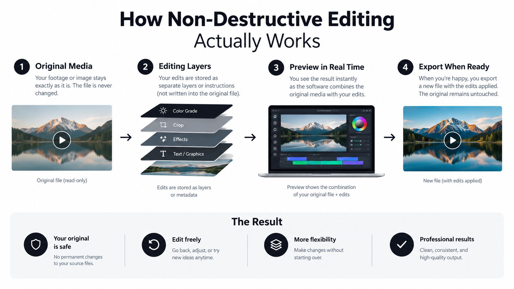 An infographic diagram explaining how non-destructive editing works in video software using four sequential steps.