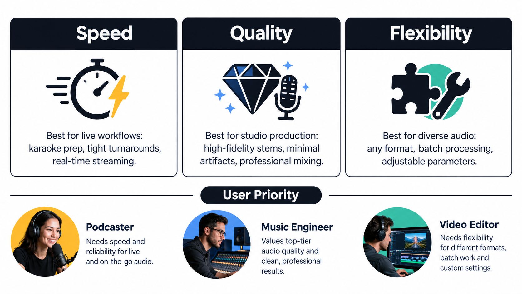 A diagram illustrating how to choose audio software based on speed, quality, and flexibility for different users.