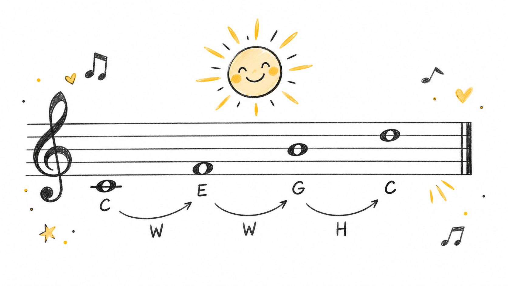 A hand-drawn music staff illustrating a C major triad chord with notes C, E, G, and C.