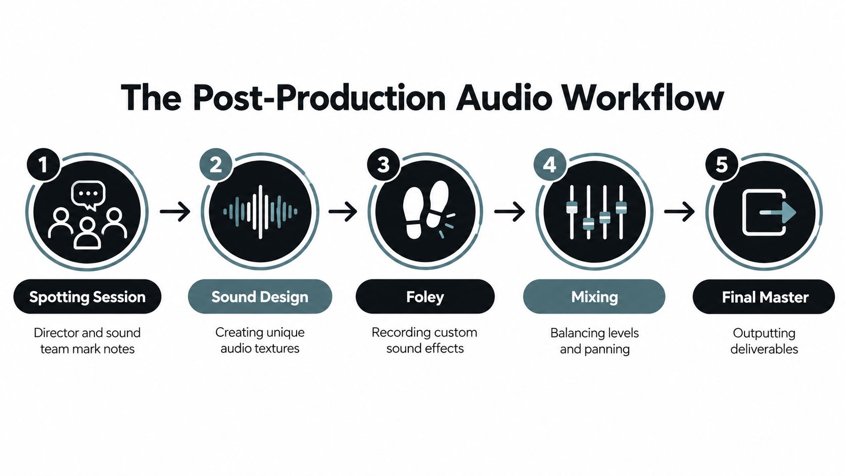 A five-step infographic showing the post-production audio workflow for film from spotting session to final master.