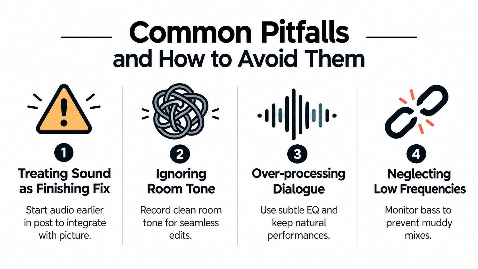 An infographic titled Common Pitfalls and How to Avoid Them listing four key sound design mistakes.