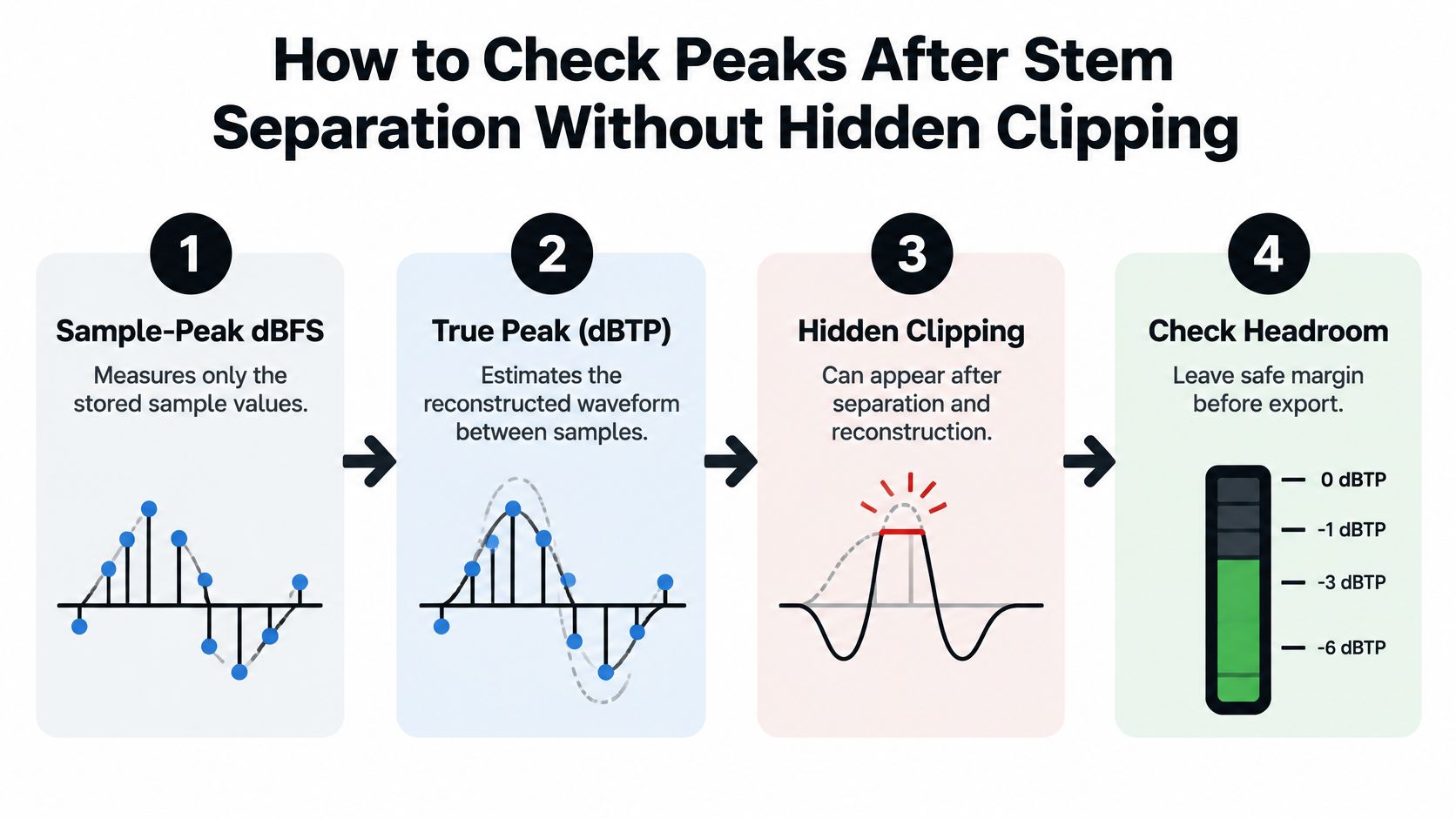 A four-step infographic explaining how to identify and prevent hidden audio clipping after stem separation using metering.