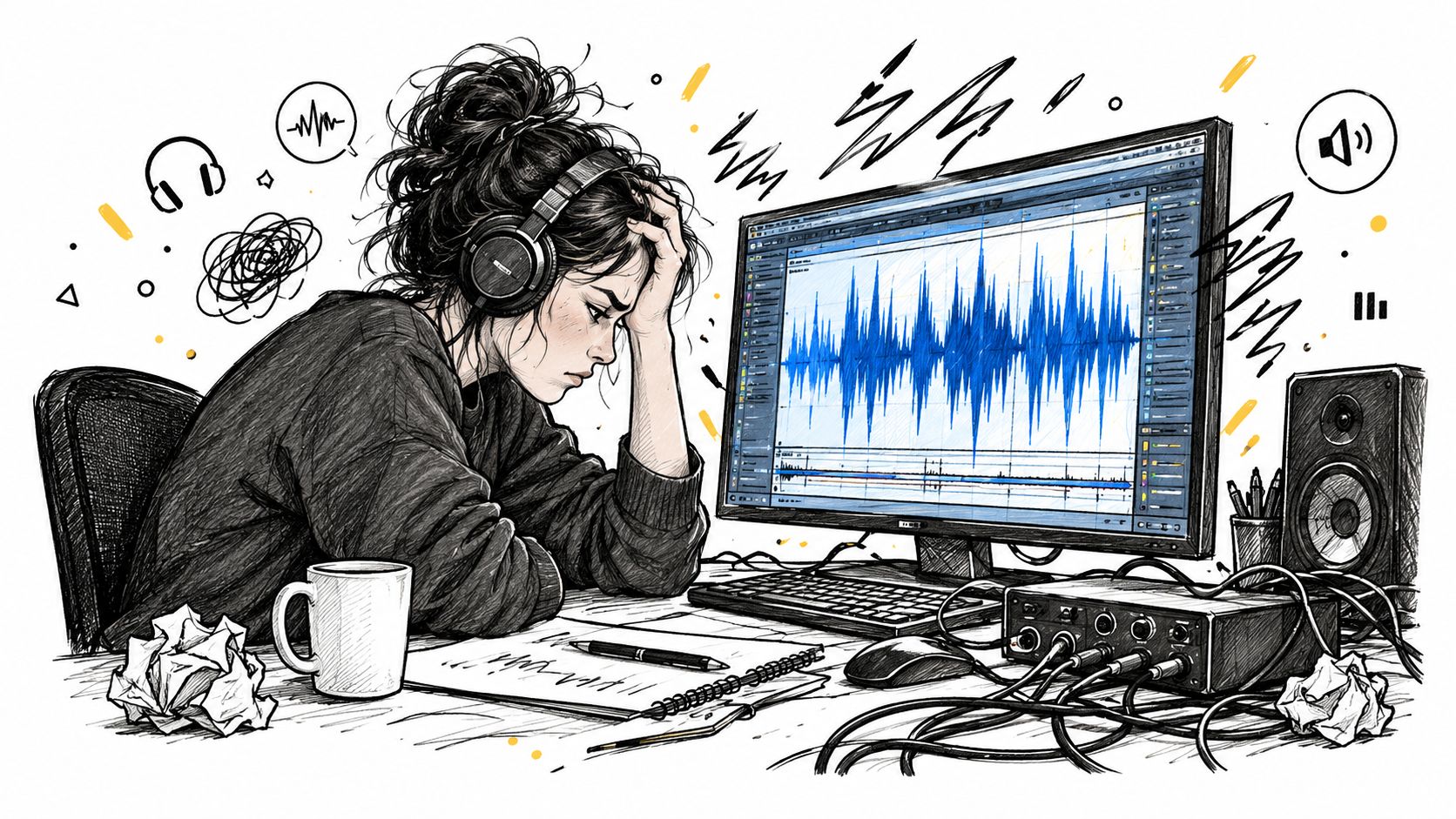 A stressed female sound engineer wearing headphones looks at a waveform on her computer monitor.