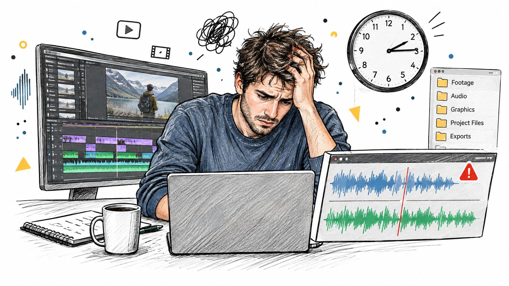 A stressed video editor sitting at a desk with multiple monitors, headphones, and computer equipment while working.