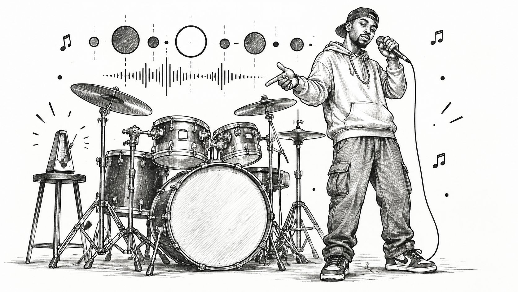 A black and white pencil sketch of a rapper standing next to a drum kit and metronome.
