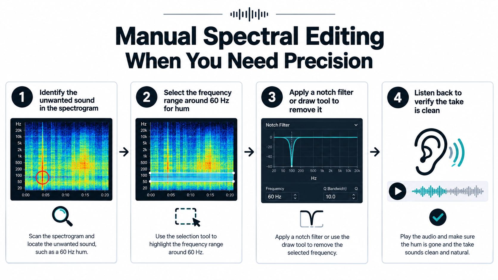 A four-step infographic illustrating how to manually remove unwanted background noise from an audio spectrogram file.