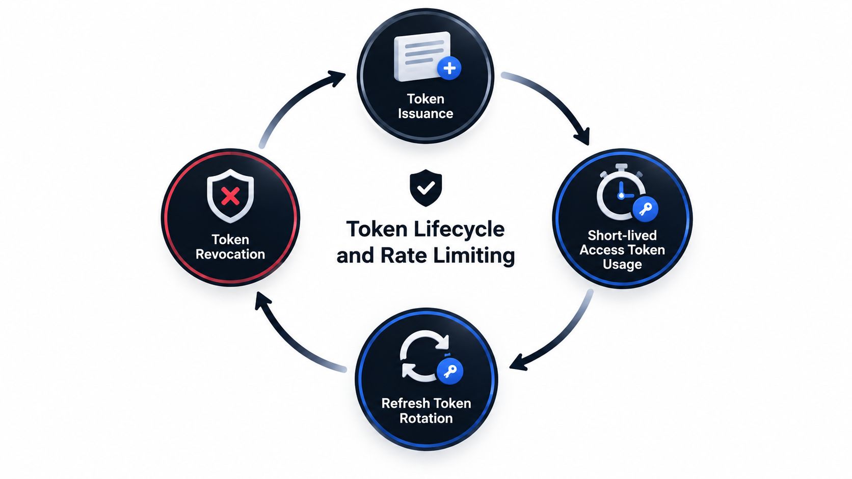A circular diagram illustrating the token lifecycle including issuance, usage, rotation, and revocation for API security.