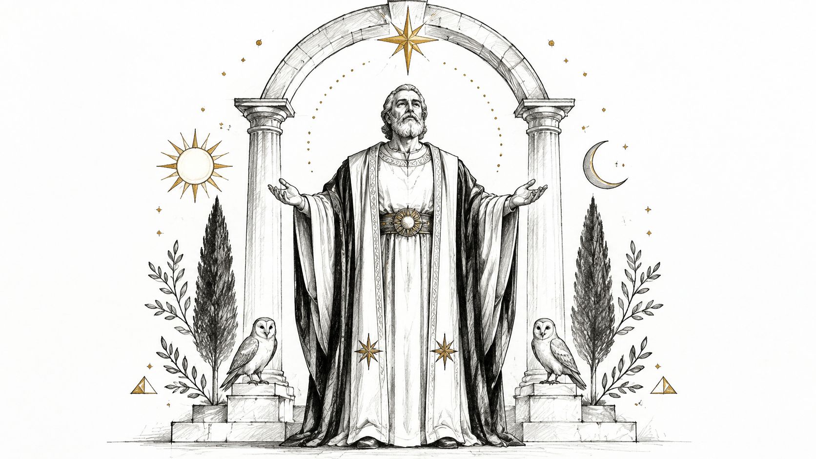 A pencil sketch of a bearded sage standing under an archway flanked by owls and symbols.