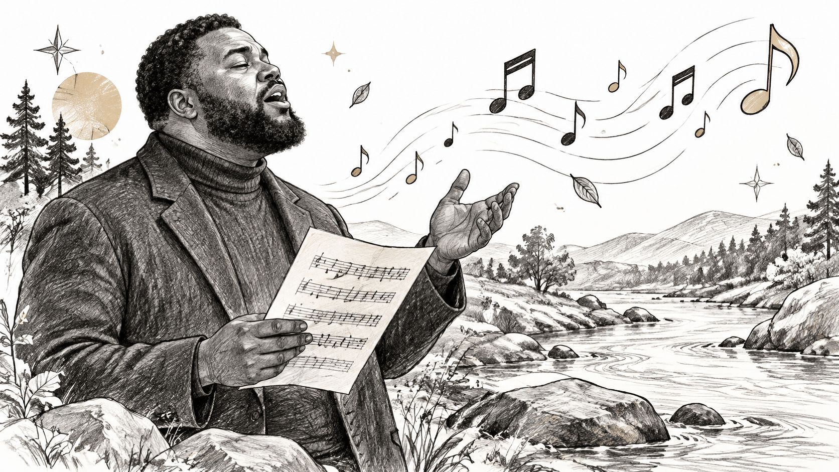 A Black male singer performing outside by a river while holding sheet music with musical notes floating.